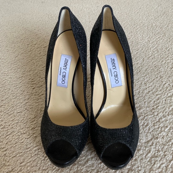 Jimmy Choo Authentic Women’s Black Sparkly “Luna” High Heel Open Toe Pumps - Picture 6 of 10